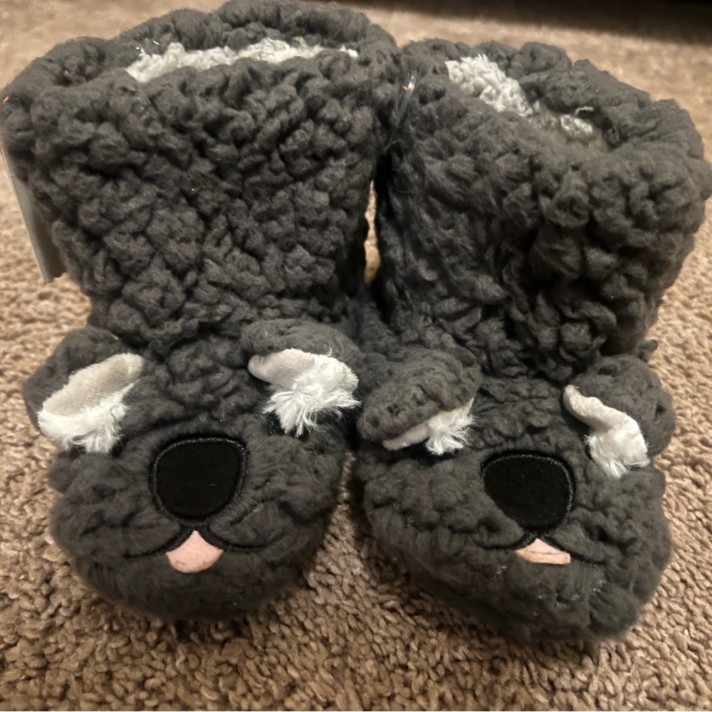 2 pairs Cat & Jack toddler girl or boy gray fuzzy dog slippers 12m-18m & 2t-3t
